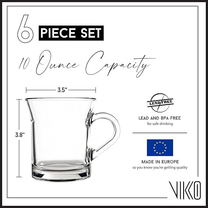 Vikko Glass Coffee Mugs, 10 Ounce Coffee Cup For Tea, Cider, Hot Chocolate and More, Microwave and Dishwasher Safe, Set of 6 Coffee Mugs