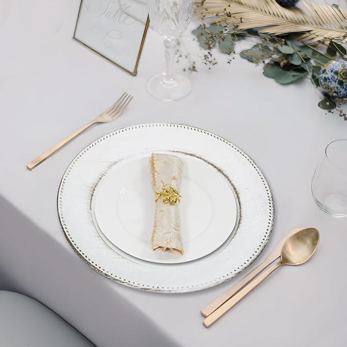 MAONAME 13" Round Charger Plates Set of 12, Antique White Plate Chargers, Plastic Charger for Dinner Plates, Beaded Table Chargers for Wedding, Party