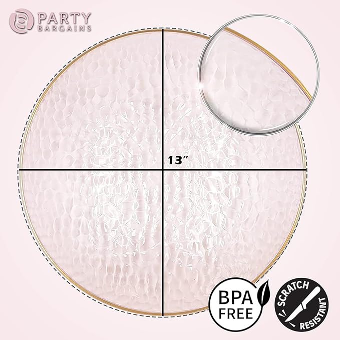 PARTY BARGAINS 13-Inch Charger Plates - 4 Pack, Hammered Pink Gold Rim, Heavy-Duty Disposable Chargers for Elegant Dining - Ideal for Weddings and Formal Events