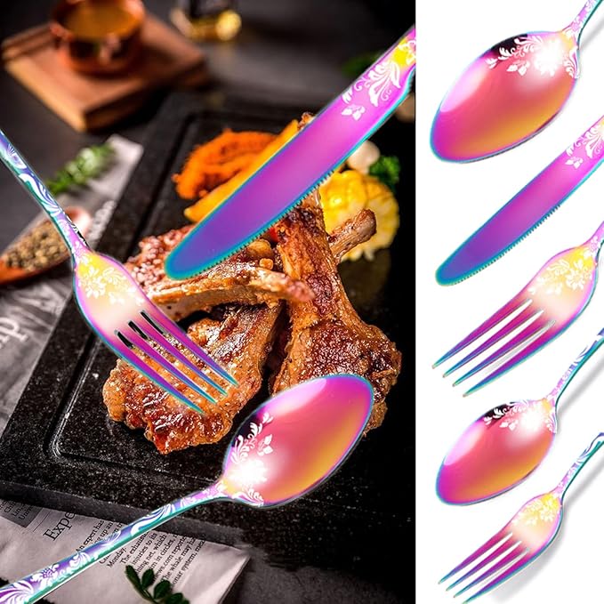 vilihkc 20 piece Unique Pattern Design Silverware Set, Stainless Steel Flatware Set Service for 4, Colorful Cutlery Set, Mirror Polished Utensil Set for Kitchen, Dishwasher Safe