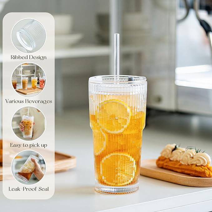 KEMORELA 2-Pack 20 oz Ribbed Glass Tumblers with Lids and Glass Straws – Vintage Iced Coffee Cups, Reusable Smoothie & Cocktail Drinking Glasses, Clear Glassware for Home or Cafe