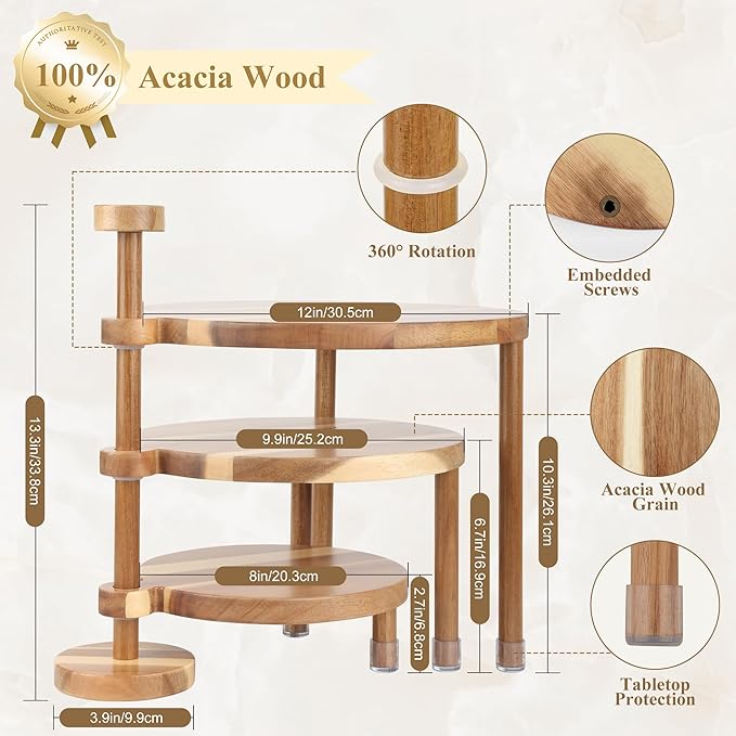 GEHE 3 Tier Round Cupcake Stand, 360° Rotatable Acacia Wood Cake Stand Cupcake Tower, Rustic Wooden Tiered Dessert Table Display Set, Tiered Tray Stands for Birthday, Wedding Party