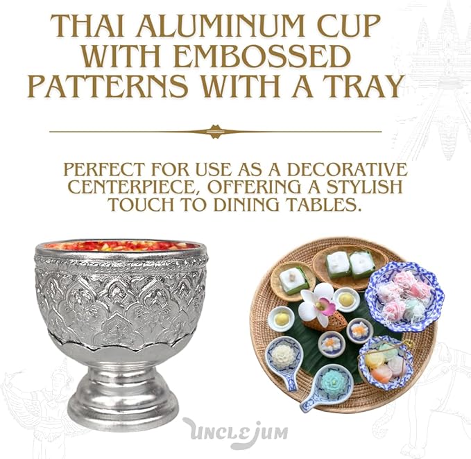 Thai Buddhism Bowl & Tray with Embossed Patterns, Silver Aluminum, Vintage Collection (8 CM)
