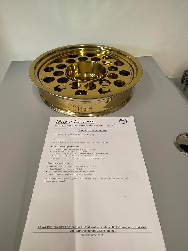 Communion Ware | Communion Tray | Holy Stackable Cup Tray for Churches | Communion Supplies | Portable Communion Tray with 24 Holes Disk | Stainless Steel - Shiny Gold Finish