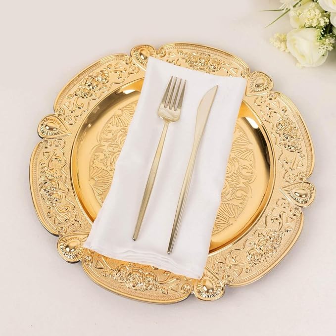Efavormart 6 Pack Gold Floral Embossed Acrylic Charger Plates With Scalloped Rim, 13" Round Plastic Decorative Serving Plates