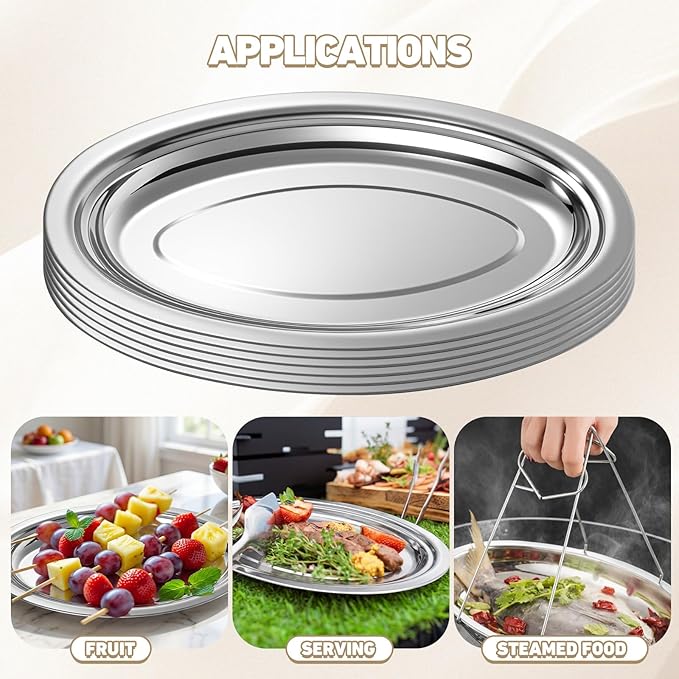 12 Pcs Stainless Steel Oval Platter Set Bulk Heavy Duty Mirror Polished Serving Tray Sliver Large Metal Display Serving Platter Dinner Trays for Table Food Home Dishwasher(14 Inch)