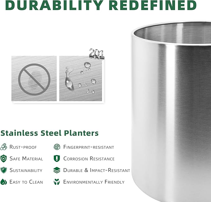 Longrun 9.8 Inch Dia Round Planter, Modern Indoor Outdoor Large Stainless Steel Plant Pot and Plant Caddy with Wheels for Home Patio Garden, Easy to Clean and Move