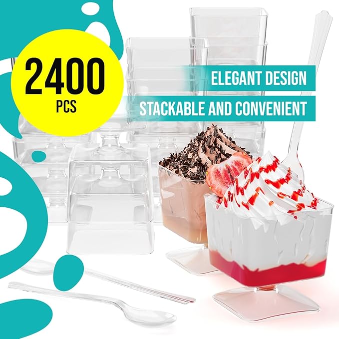 Exquisite Mini Dessert Cups With Spoons 2,400 Pcs - 2 Oz Square Clear Plastic Pudding Cups Disposable With Tasting Spoons 1,200 Sets | Mini Parfait Cup | Appetizer Cup For Party & Events