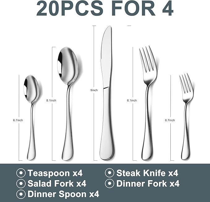 20 Piece Silverware Set with Steak Knives,Food-Grade Stainless Steel Tableware Cutlery Set for 4, Mirror Finished Flatware Utensil for Home Restaurant