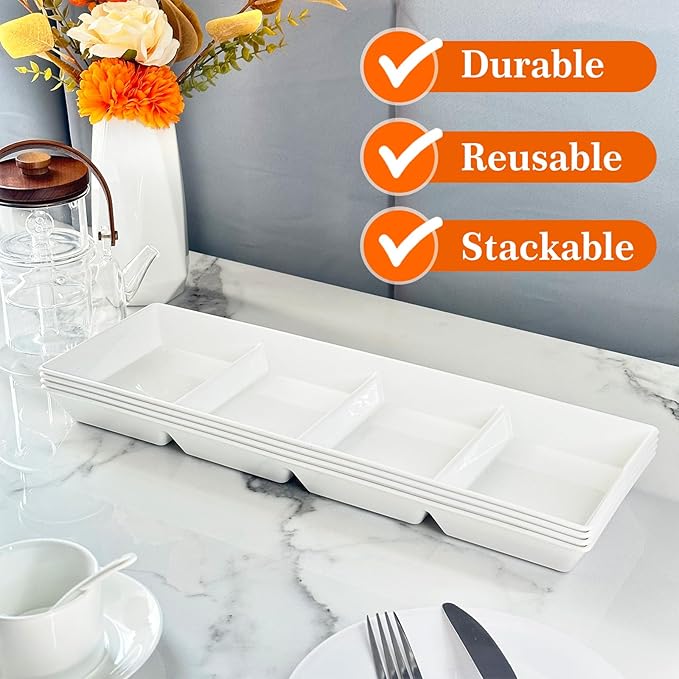 Divided Serving Tray Platter, 4 Pack 17.6" x 6" Fruit Veggie Food Tray for Party, Plastic Serving Trays for Appetizer, Snack, Dessert, Cookie, Brunch Decorations Platters, White Trays BPA-Free