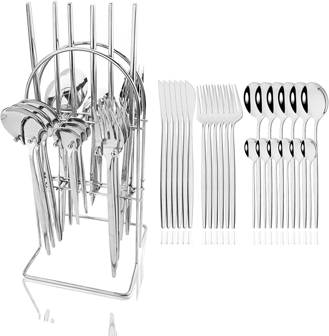 JASHII 24-Piece Stainless Steel Flat Flatware Set for 6, Fork Spoon Knife Set Eating Utensils Tableware with Holder for Kitchens Home and Restaurant, Dishwasher Safe - Shiny Silver