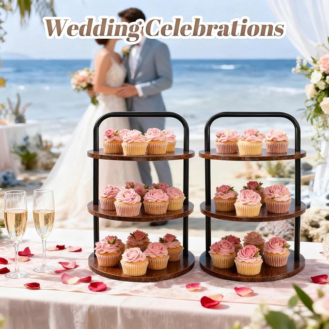 2PCS Wooden Cupcake Stand for 100 Cupcakes - 3-Tier Large Round Dessert Table Display Set with Cupcake Tower, Tiered Tray,Cake Tray and Serving Tray for Wedding, Party, Anniversary, Farmhouse Decor