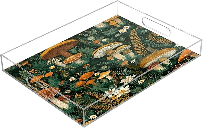 Serving Tray with Handles Clear Acrylic Tray 12x16 Inch Decorative Rectangular Tray Organizer for Ottoman Coffee Table Bathroom Retro Mushroom Leaves Green