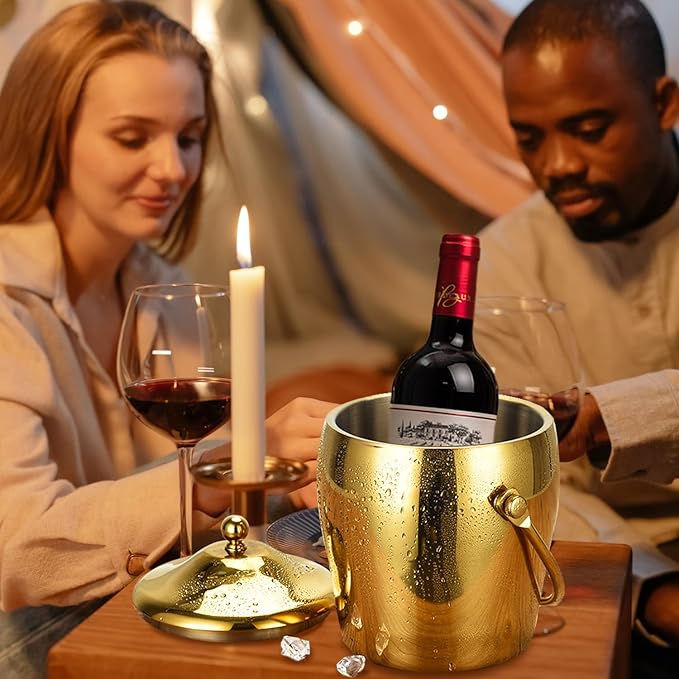 Ice Bucket Champagne Bucket with Tongs Scoop Lid, Double Wall Wine Bar Freezer Ice Bucket with Stand & Carrying Handle, Stainless Steel Mirror Bucket Champagne Bucket for Parties Bar Home,2L (Gold)