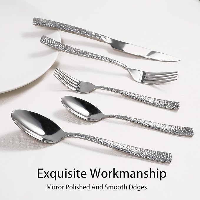 Hammered Silverware Set, 20 Piece Stainless Steel Flatware Set for 4, Food-Grade Tableware Cutlery Set for Home Restaurant, Mirror Polished, Dishwasher Safe
