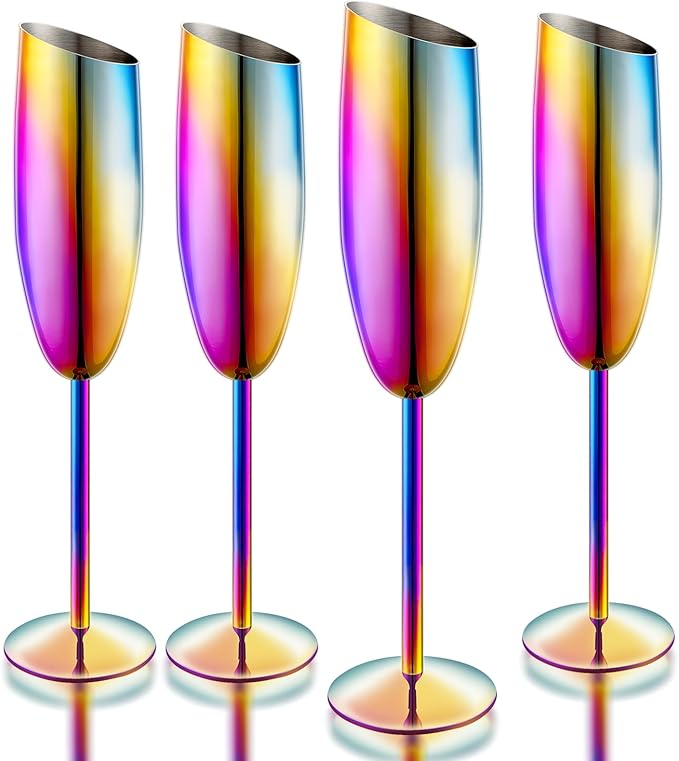 Champagne Flutes Set of 4, Premiumty Stainless Steel High Footed Champagne Glasses, 7oz Capacity,Unbreakable Slanted Champagne Glasses