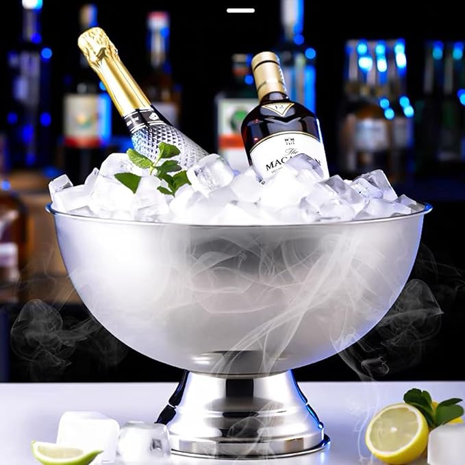 Large Ice Bucket 13L Stainless Steel Champagne Bowl Ice Bucket with Ice Scoop Semicircle Drink Tub with Integrated Base Silver Beverage Tub for Parties, Cocktail Bar, Chilling Wine (2 Packs-Silver)