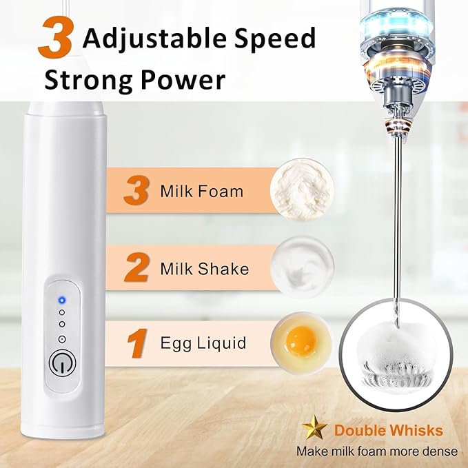 Rechargeable Milk Frother Handheld, USB-C Coffee Foam Maker with Stainless Steel Whisk ＆ 3 Speeds, Coffee Frother Electric Hand Drink Mixer Stirrer for Matcha, Hot Chocolate,Frappe,Powder Drink(White)