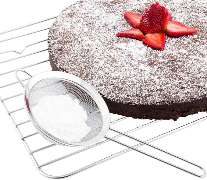 Restaurantware Met Lux 9.7 Inch Mesh Strainer 1 Corrosion-Resistant Mesh Sieve - Ergonomic Handle Built-In Hook Stainless Steel Quinoa Strainer For Separating Seeds And Dusting Powdered Sugar
