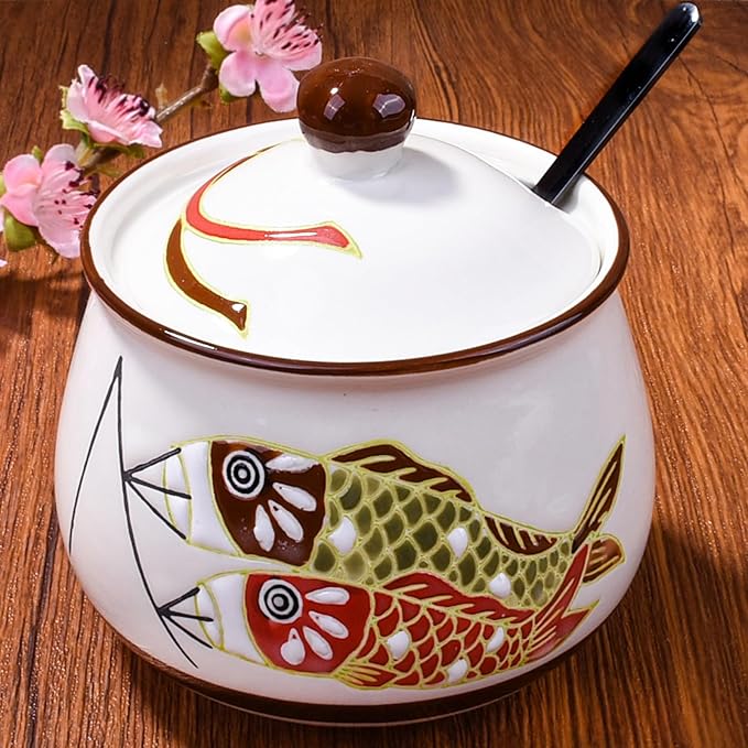 Ceramic Sugar Bowls with Spoon and Lid Porcelain Salt Container with Black Stainless Steel Spoon