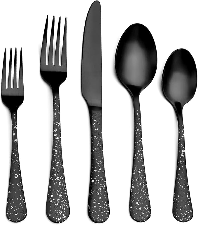 O.C.E. Matte Black Silverware Set, Stainless Steel Flatware Set, 20-Piece Tableware Cutlery Set Service for 4, Satin Finish Tableware Utensils Set, Dishwasher Safe (Starry White)