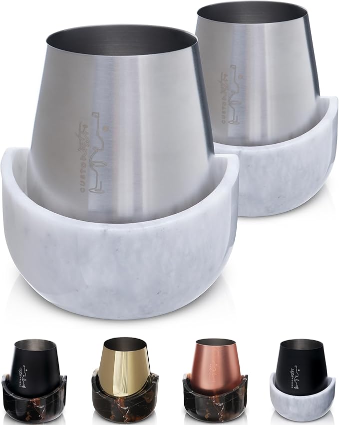 Gusto Nostro White Marble Wine Chiller for Glass and Stainless Steel Tumbler Set of 2 - Freezable Wine Glass Chiller Holder - Cool Set of Chillers and Stemless Metal Wine Tumblers for HomeBar (Silver)