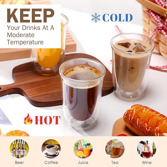 8 Pack 10 oz Double Walled Coffee Mugs Glass Espresso Cups without Handle Clear Thermo Insulated Demitasse Cups for Cappuccino Tea Latte Beverages
