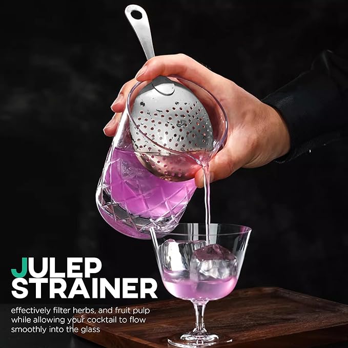Homestia Cocktail Strainer Set – Bar tools Stainless Steel Includes Hawthorne Strainer, Julep & Fine Mesh Cocktail Strainers, Mixing Spoon – Drink Shaker Strainer for Bartending (5 Pieces, Silver)