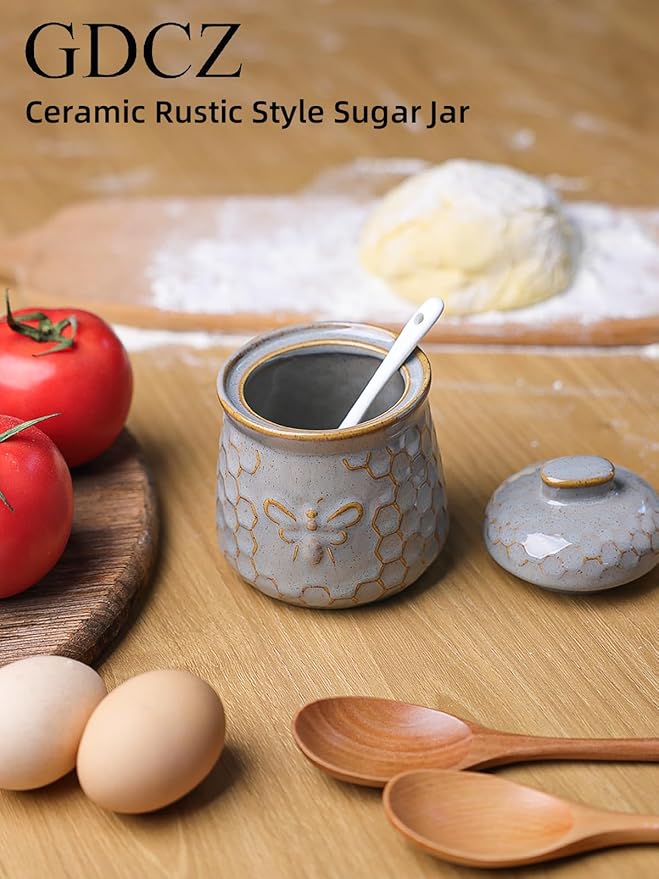 GDCZ Ceramic Sugar Bowl with Lid and Spoon, Honey Containers for Storing Syrup, Farmhouse Kitchen Decor, 10 Oz (Grey)