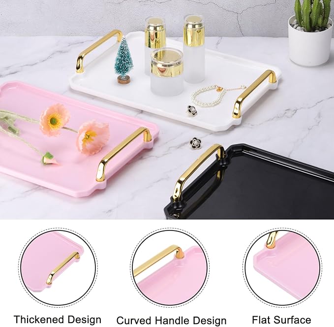 PATIKIL 16.1 x 8.7 Inches Plastic Serving Tray with Golden Handles, Reusable Tray Rectangular Party Platters for Dessert Coffee Tea Table, Living Room Kitchen Countertop, Pink