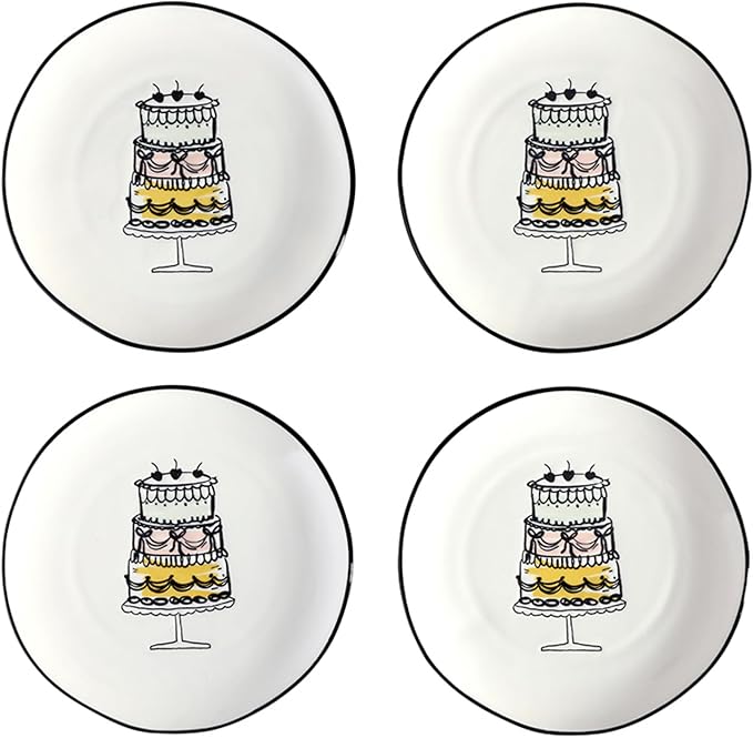 Santa Barbara Design Studio Appetizer Plate Set - 6" Ceramic Dessert Plates White with Gold, 4-Count, Birthday Cake