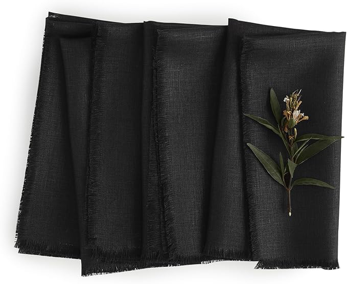 Solino Home Black Linen Napkins Set of 4-100% Pure Linen Cloth Washable Dinner Napkins 20 x 20 Inch for Christmas, New Year - Fringe