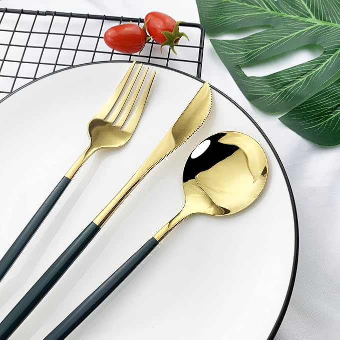 JASHII 24-Piece Titanium Green Plated Stainless Steel Flatware Set, Green Handle, Gold Mouth Utensils, Shiny Gold Finish for 6