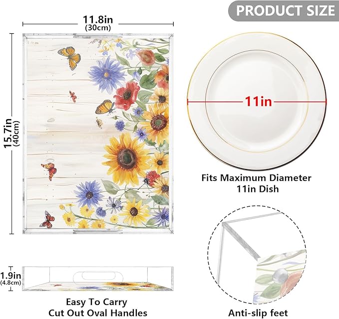 Serving Tray with Handles Clear Acrylic Tray 12x16 Inch Decorative Rectangular Tray Organizer for Ottoman Coffee Table Bathroom Watercolor Cornflower Butterfly