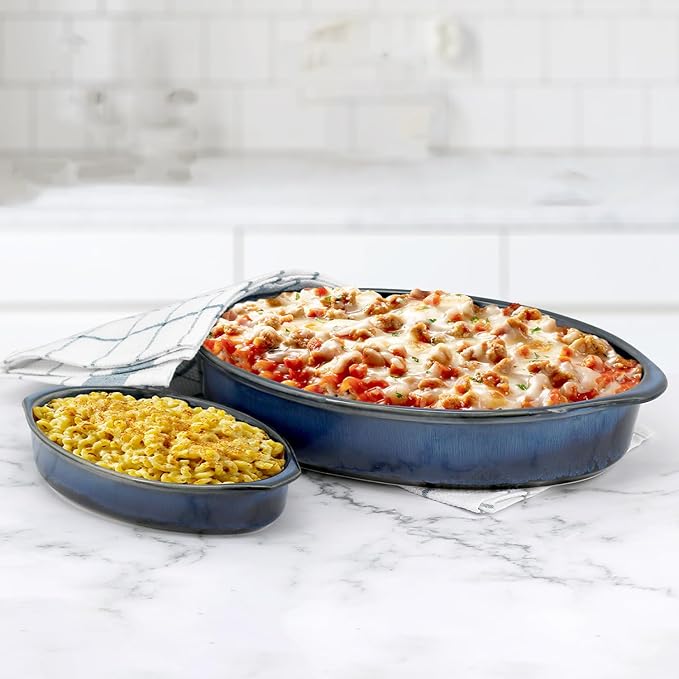 Emeril Lagasse 2-Piece Oval Stoneware Baking Dish Set - Versatile 1 & 2 Qt, for Baking, Perfect Casseroles, Roasts, Cake, Lasagna Pan, Microwave, Oven, Dishwasher, and Freezer Safe, S-803-2S-AZ