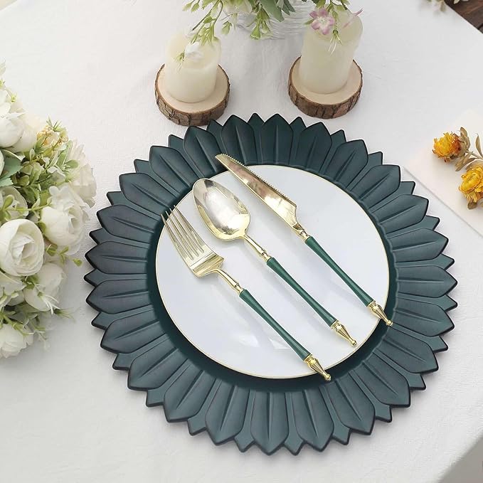 13" Charger Plates - Set of 24 - Matte Teal Sunflower Plastic Chargers, Disposable Round Acrylic Serving Trays For Dinner Wedding Party Events