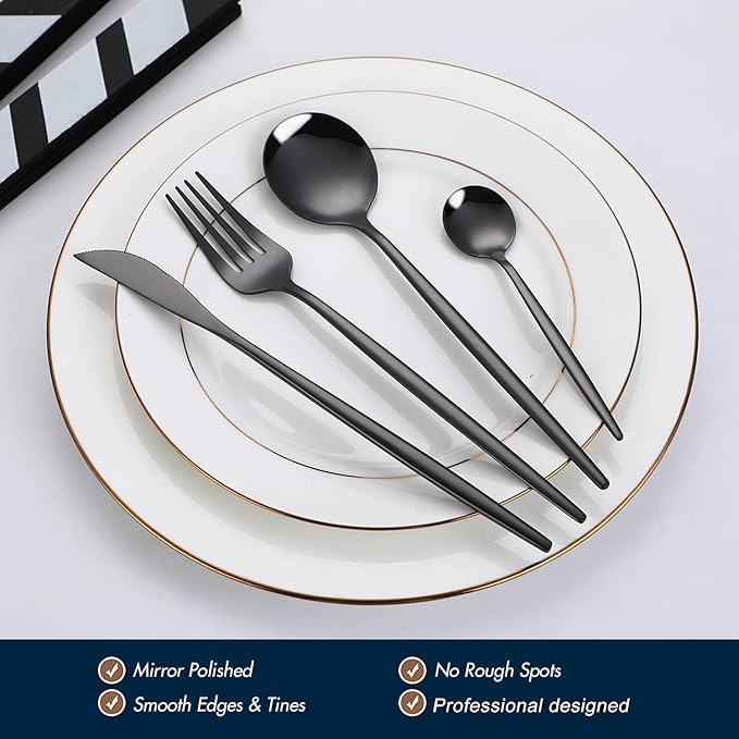 24-Piece Black Silverware Set Black Flatware Set for 6, Stainless Steel Cubiertos Cutlery Set, Forks and Spoons Apartment Utensils Set, Mirror Polished Eating Tableware Set, Dishwasher Safe
