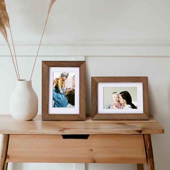 Egofine 4x6 Picture Frames Set of 4, Made of Solid Wood Covered by Plexiglass 3x4.5 and 3.5x5 with Mat or 4x6 without Mat, for Table Top Display and Wall Mounting Photo Frame,Walnut Brown