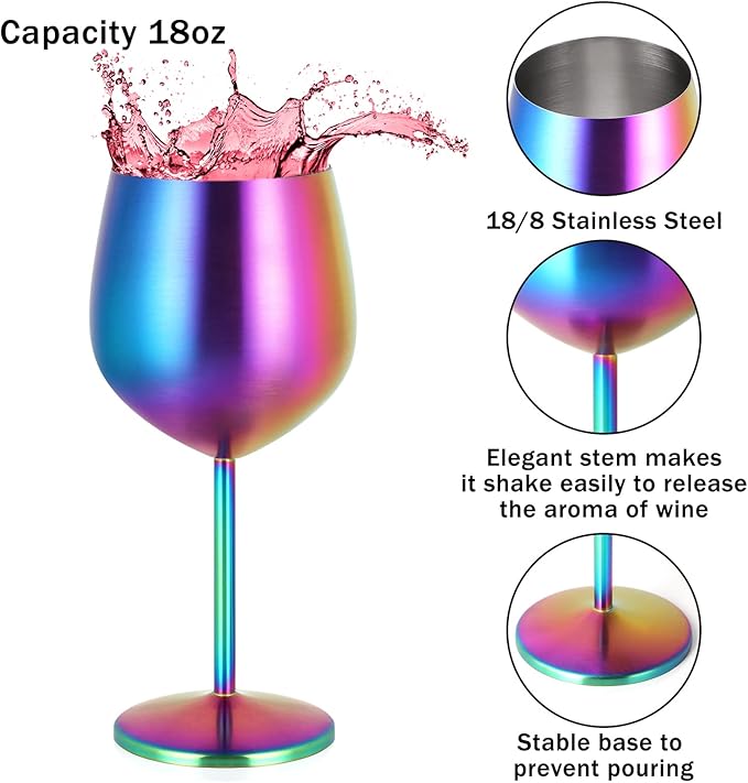Lifecapido Stainless Steel Wine Glasses Set of 6, 18oz Colorful Stainless Steel Wine Goblets, Stemmed Metal Wine Glasses with Cup Brush for Party Office Wedding Anniversary, Great for Red White Wine