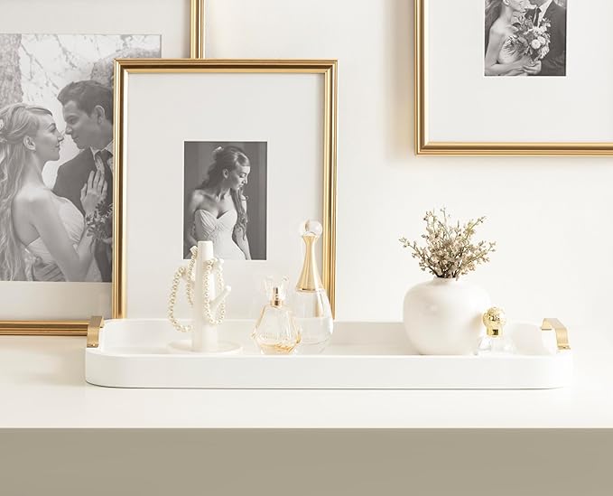 Kate and Laurel Farson Modern Decorative Wood Rectangle Tray with Handles, 10 x 24, White and Gold, Transitional Rectangular Tray for Use as Entryway Tray Decor or Ottoman Serving Tray