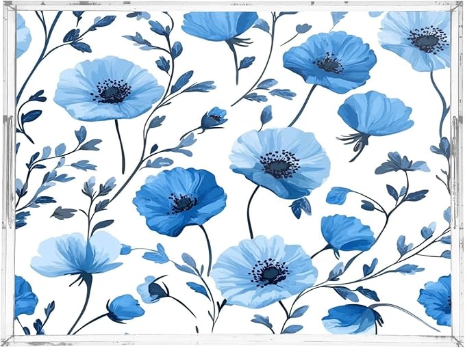 Serving Tray with Handles Clear Acrylic Tray 12x16 Inch Decorative Rectangular Tray Organizer for Ottoman Coffee Table Bathroom Blue Poppy Flowers and Branches