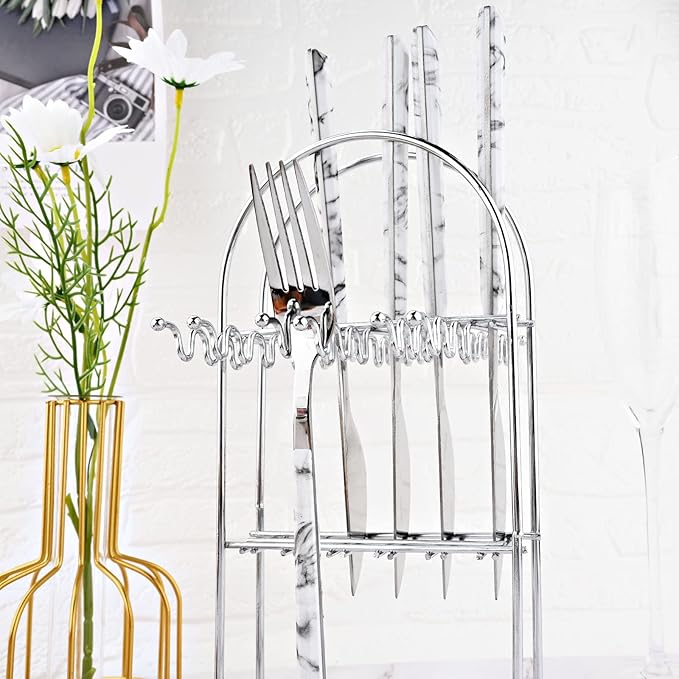 24Pcs White Imitation Marble Pattern Handle Flatware Silverware Set with Stand, Stainless Steel Cutlery Set for 6, Square Handle Eating Utensils, Mirror Polished
