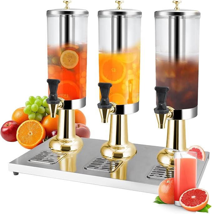 1 Gallon Commercial Beverage Dispenser with Centre Ice Core and Stand Drip Trays Stainless Steel Cold Drink Dispenser for Parties Pub Cafeteria Restaurant Home Hotel (gold, three head)
