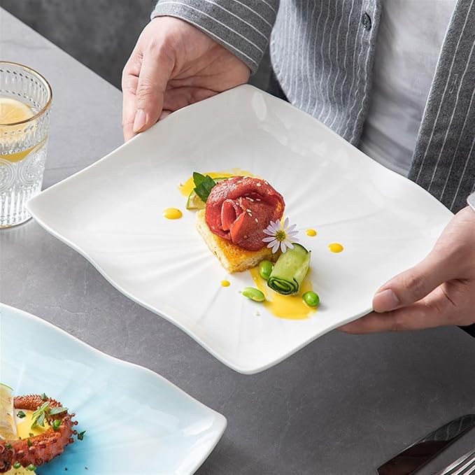 Dinner Plates Steak Plate Simple Square Ceramic Plate Creative Household Vegetable Plate Hotel Restaurant Tableware Serving Dishes(White,9 inch)