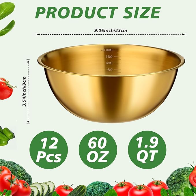12 Pcs 1.9qt Stainless Steel Mixing Bowls with Graduations Bulk Metal Salad Mixing Bowl with Scale Nesting Metal Prep Reusable Baking Cooking Food Soup Storage Organizers for Kitchen Refrigerator