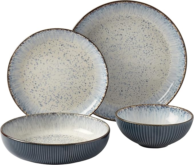 Tabletops Gallery Speckled Farmhouse Collection- Stoneware Dishes Service for 4 Dinner Salad Appetizer Dessert Plate Bowls, 16 Piece Jura Embossed Dinnerware Set in Smoky Blue
