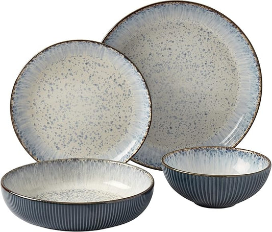 Tabletops Gallery Speckled Farmhouse Collection- Stoneware Dishes Service for 4 Dinner Salad Appetizer Dessert Plate Bowls, 16 Piece Jura Embossed Dinnerware Set in Smoky Blue
