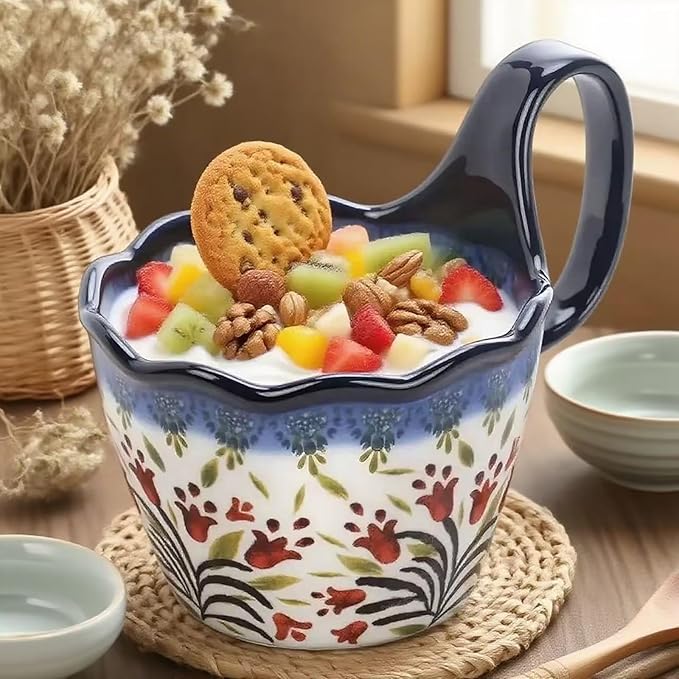 OZY Handpainted Soup Bowl with Handle,Ceramic Cereal Bowl Great for Soup, Ice cream, Fruits,Snack,Microwave &Dishwasher Safe (Polish Red Flower)