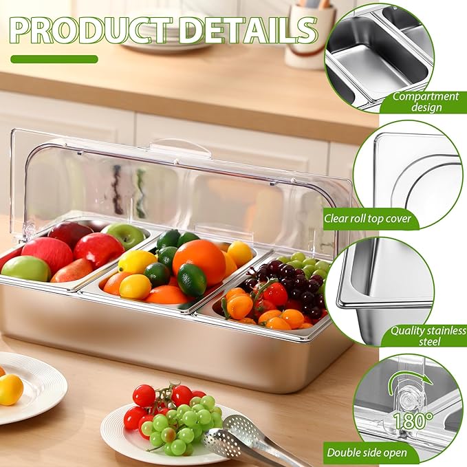 3 Pan Countertop Food Serving Display Container Stainless Steel Pizza Topping Station Display Rack Condiment Dispenser with Clear Roll Top Cover for Buffet Restaurant Hotel Kitchen Party