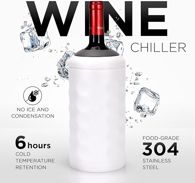 Premium Wine Chiller - 750ml Stainless Steel Wine Bottle Cooler, Vacuum Insulated & Double-Walled - Keeps Wine Cold for 6+ Hours - Champagne Chiller Sleeve for Most Bottles - White
